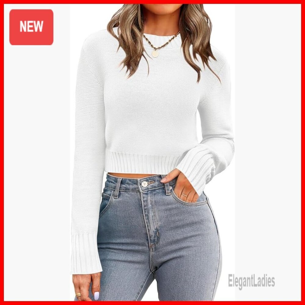 Cropped Crewneck Sweater Ribbed Knit Pullover Long Sleeve Fall Winter